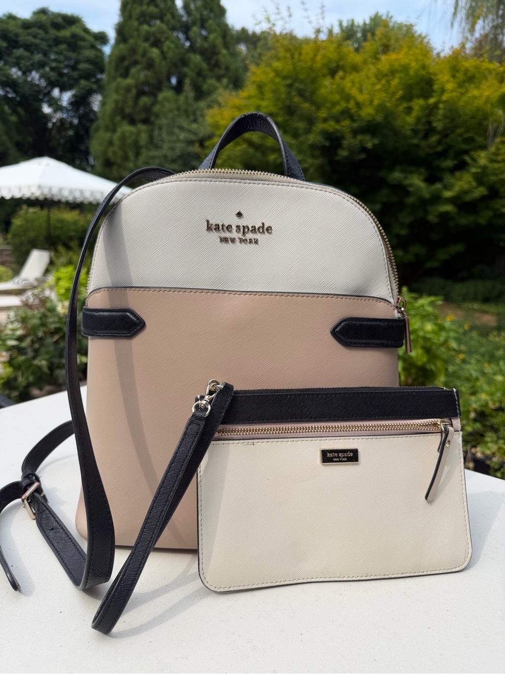 kate spade colorblockCream, Beige & Black Two-Tone Crossbody Backpack with Pouch